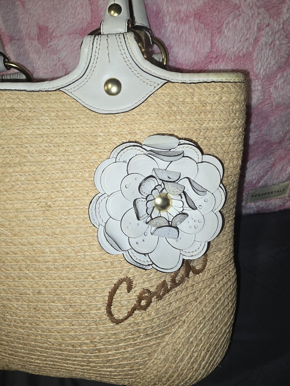 Coach Bleecker Straw Leather Flower Satchel Tote - Picture 2 of 7